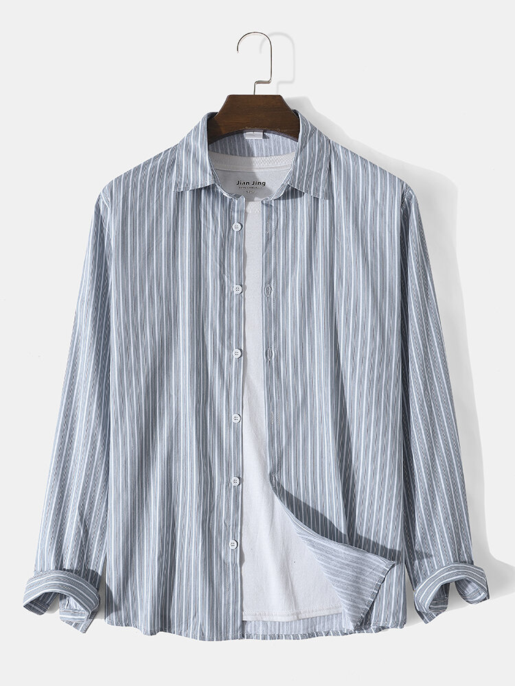 Mens Vertical Stripe Lapel Cotton Casual Long Sleeve Shirts