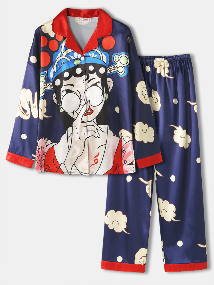 Women Faux Silk Opera Character Print Revere Collar National Style Pajama Sets