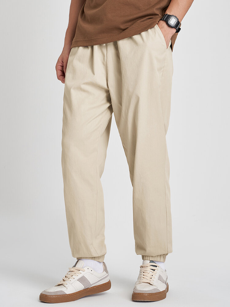 Mens 100%Cotton Solid Color Double Pocket Elastic CuffLong Pants