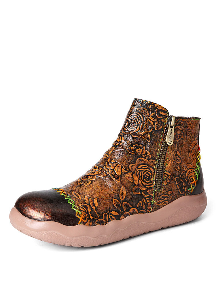 Socofy Retro Embossing Floral Leather Side-zip Soft Lightweight Comfy Stitching Flat Short Boots