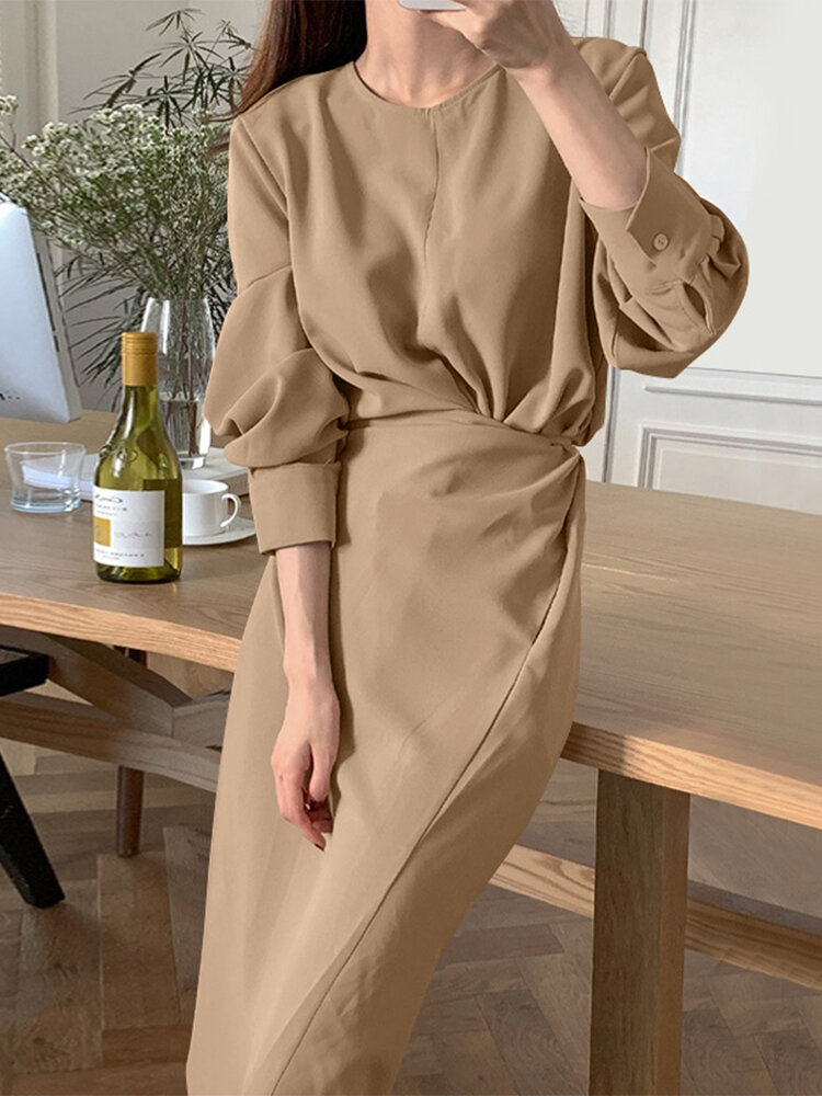 Solid Pleated Long Sleeve Crew Neck Casual Dress For Women