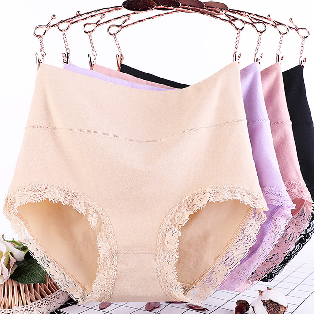 

Plus Size Cotton High Waisted Lace-trim Panties, Pink;purple;cameo;nude;black