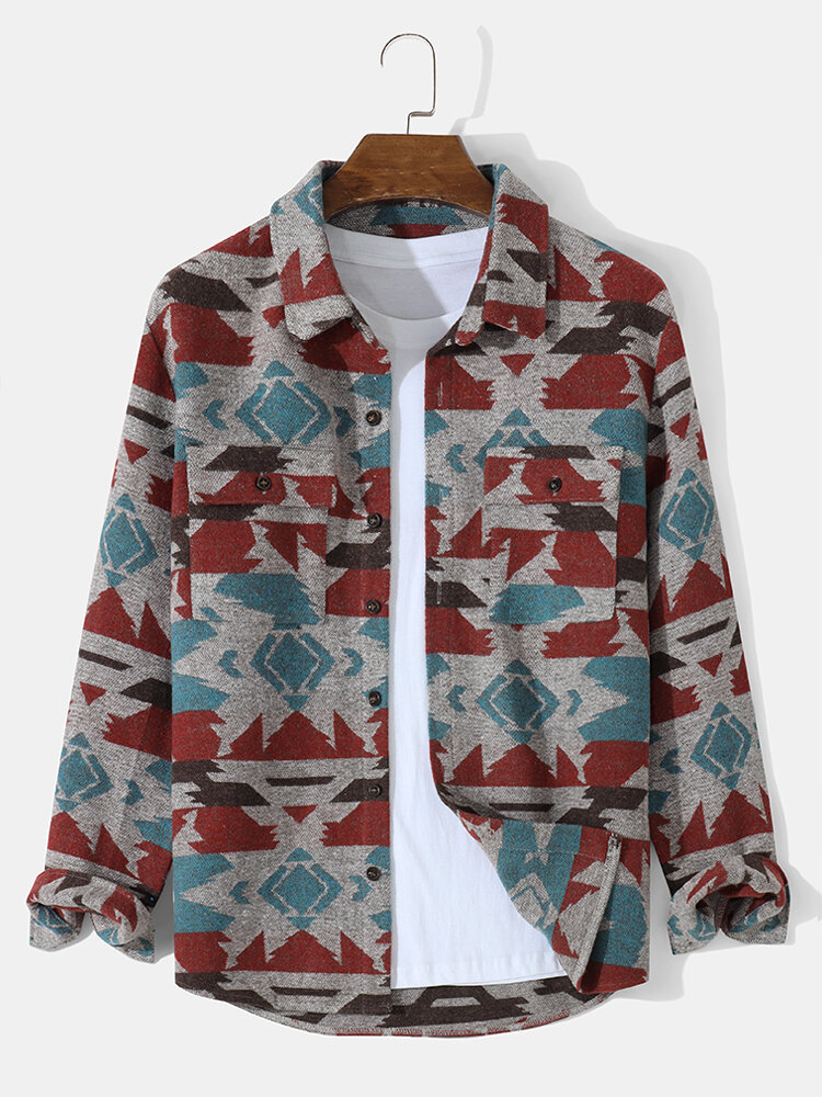 Mens Geometric Ethnic Printed Pocket Designed Buttons Coats