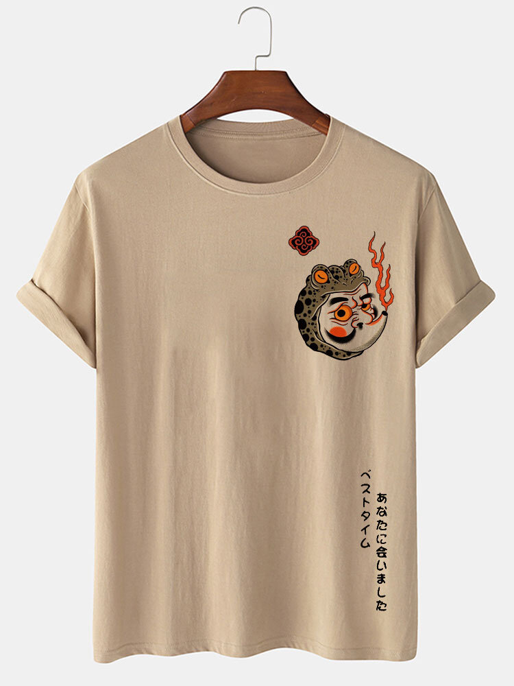 

Mens Cartoon Japanese Frog Figure Print Crew Neck Short Sleeve T-Shirts, Khaki