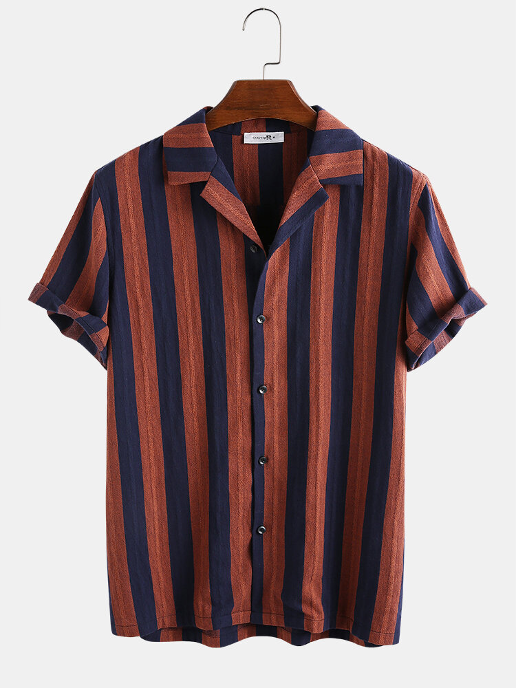 Mens 100% Cotton Vertical Striped Casual Short Sleeve Shirt