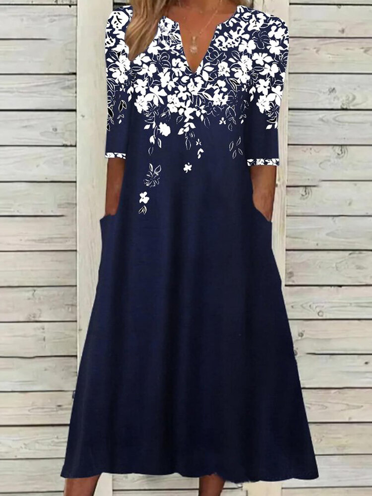 Women Floral Print Notched Neck Half Sleeve Dress With Pocket