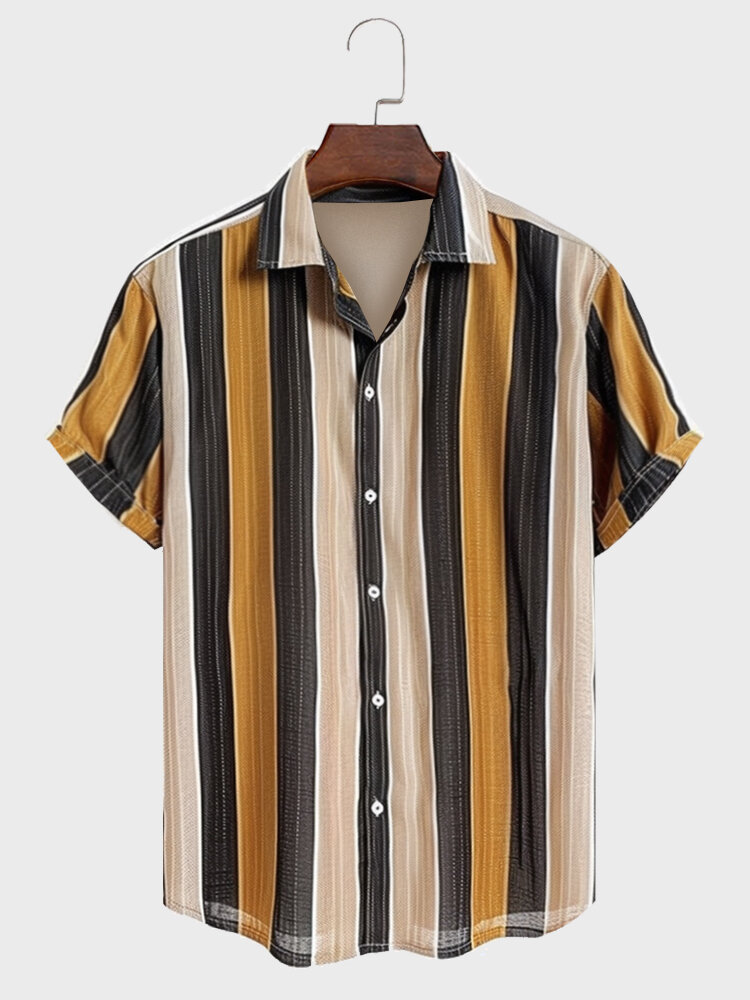 Camisas masculinas vintage listradas de lapela com botões de manga curta