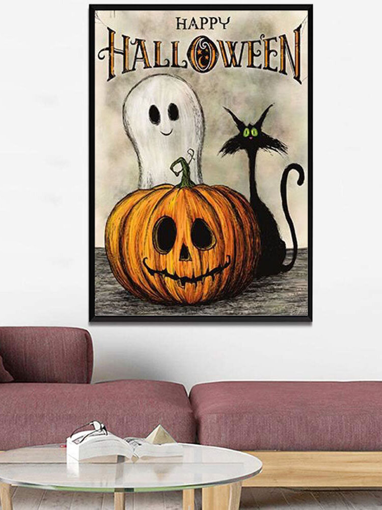 1 PC Unframed Pumpkin Black Cat Pattern Halloween Series Canvas Painting Wall Art Home Decor Wall Pictures