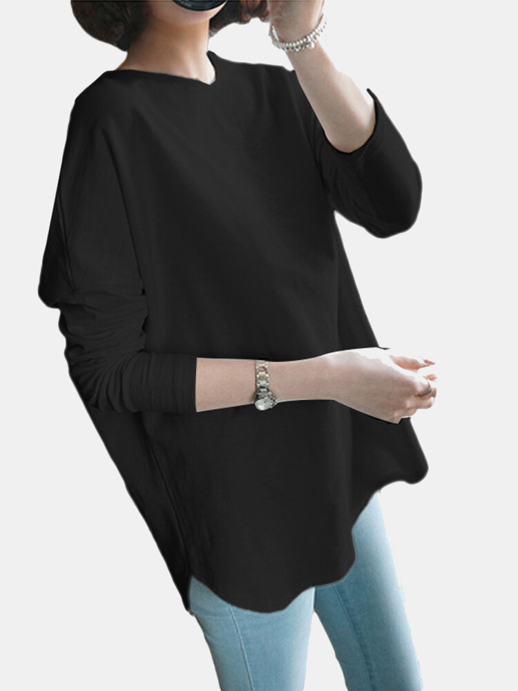 Solid Curved Hem Loose Long Sleeve Crew Neck T-shirt