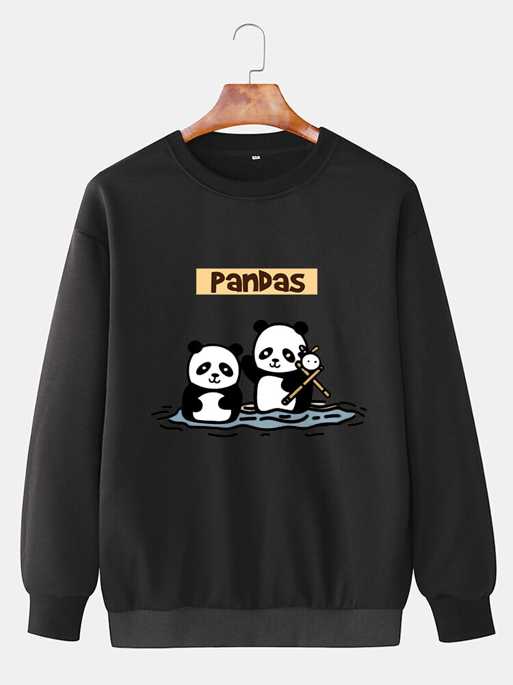 Mens Cartoon Panda Letter Print Crew Neck Loose Pullover Sweatshirts Winter