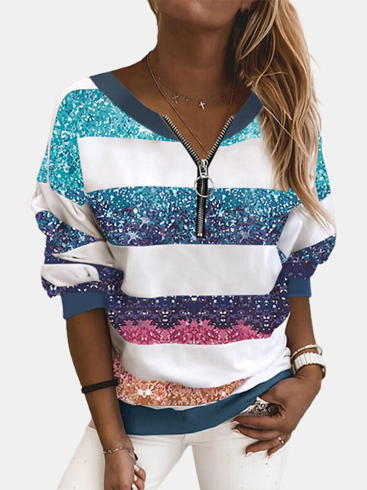 Ombre Printed Long Sleeve V-neck Zip Front Sweatshirt For Women