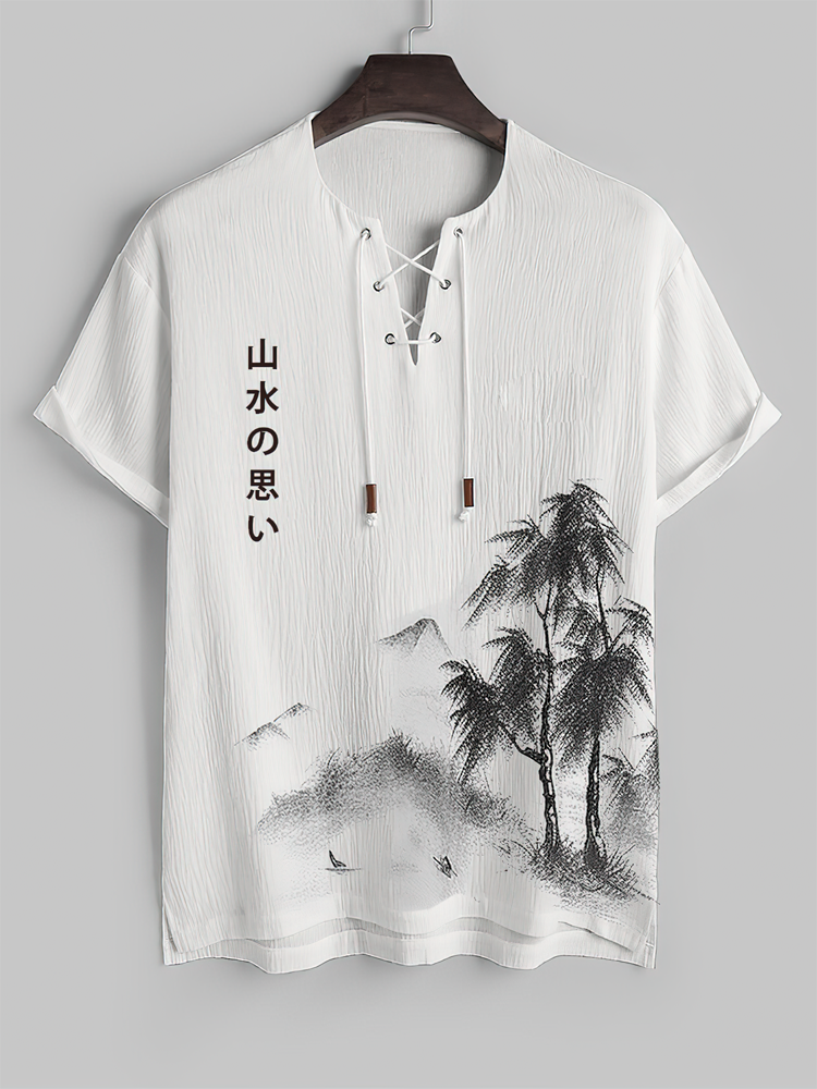 Camisetas masculinas japonesas com estampa de paisagem e decote com amarração na lateral com textura dividida