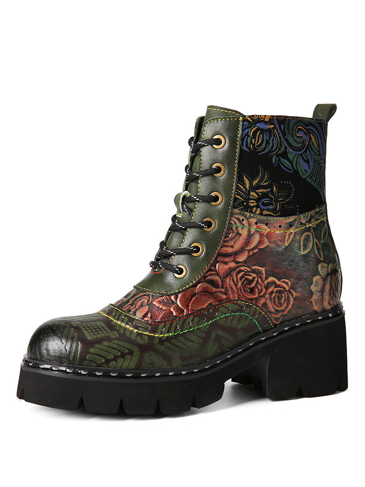 Socofy Retro Embossed Leather Ethnic Print Side-zip Comfy Warm Lining Platform Short Boots