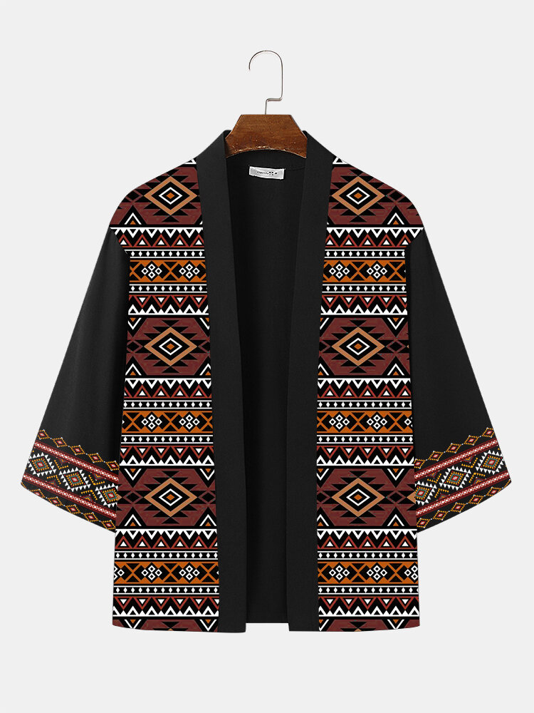 

Mens Vintage Geometric Print Patchwork Loose 3/4 Sleeve Kimono, Black