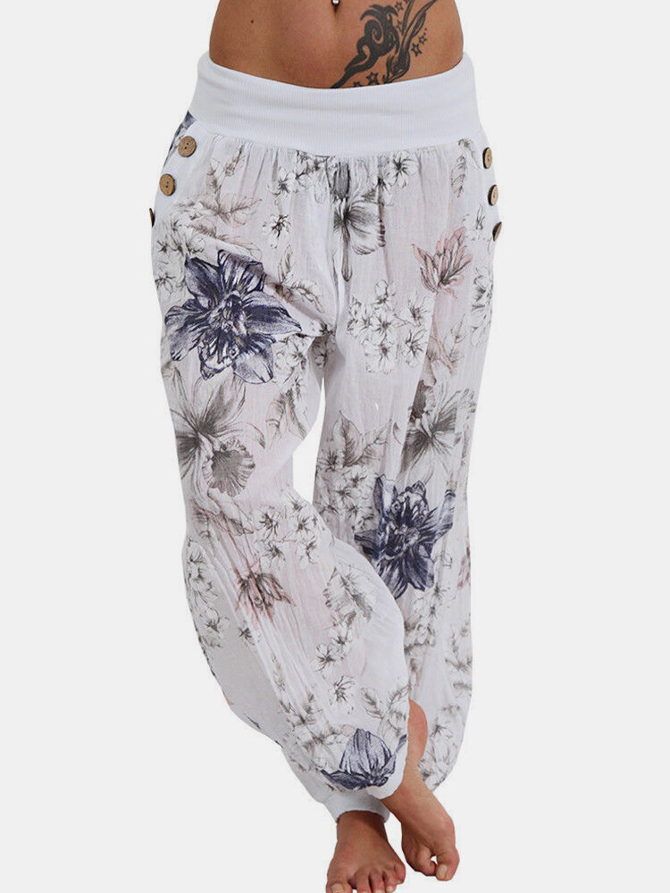 Floral Print Patchwork Elastic Waist Casual Harem Pants For Women
