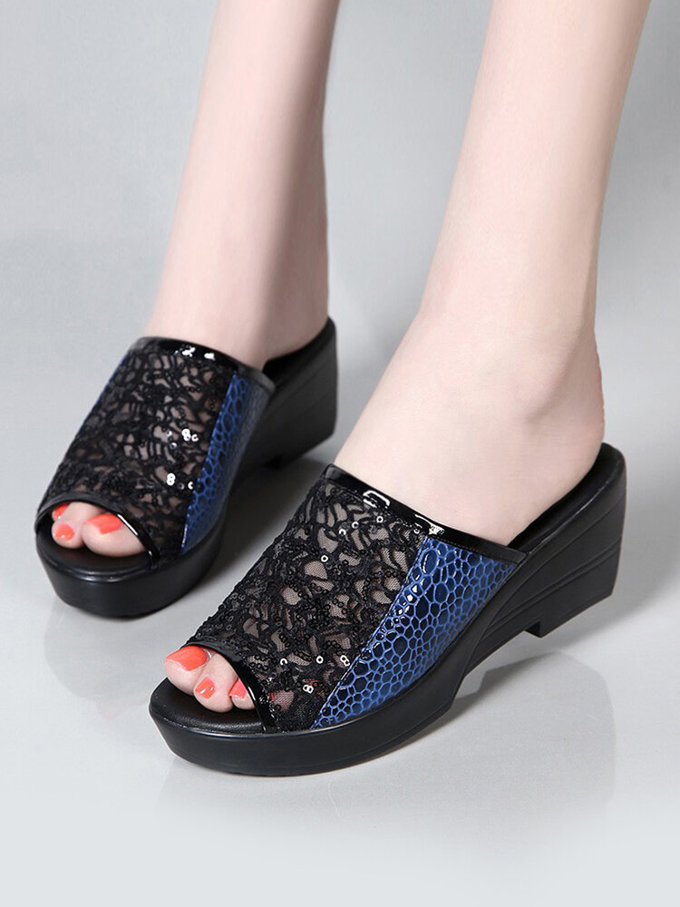 

Mesh Sequined Peep Toe Summer Slippers, Blue;black