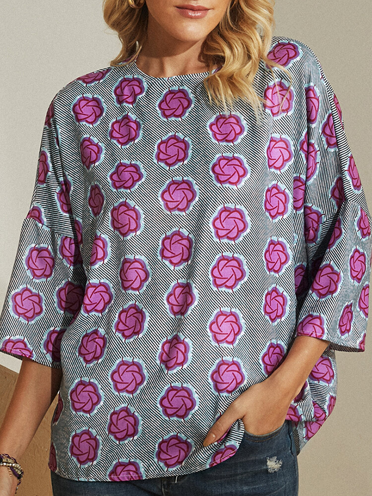 Vintage Flower Printed O-neck Casual Blouse For Women
