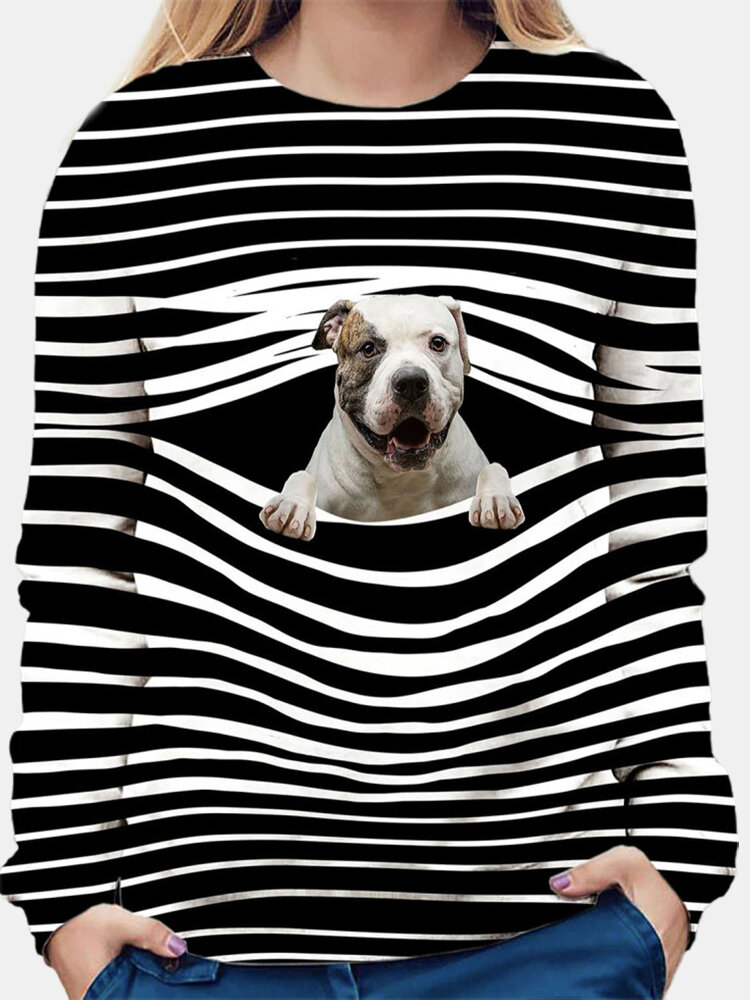 Dog Stripe Print Long Sleeve O-neck Casual T-shirt For Women