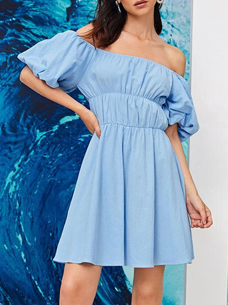 Solid Off-shoulder Puff Short Sleeve Casual Dress