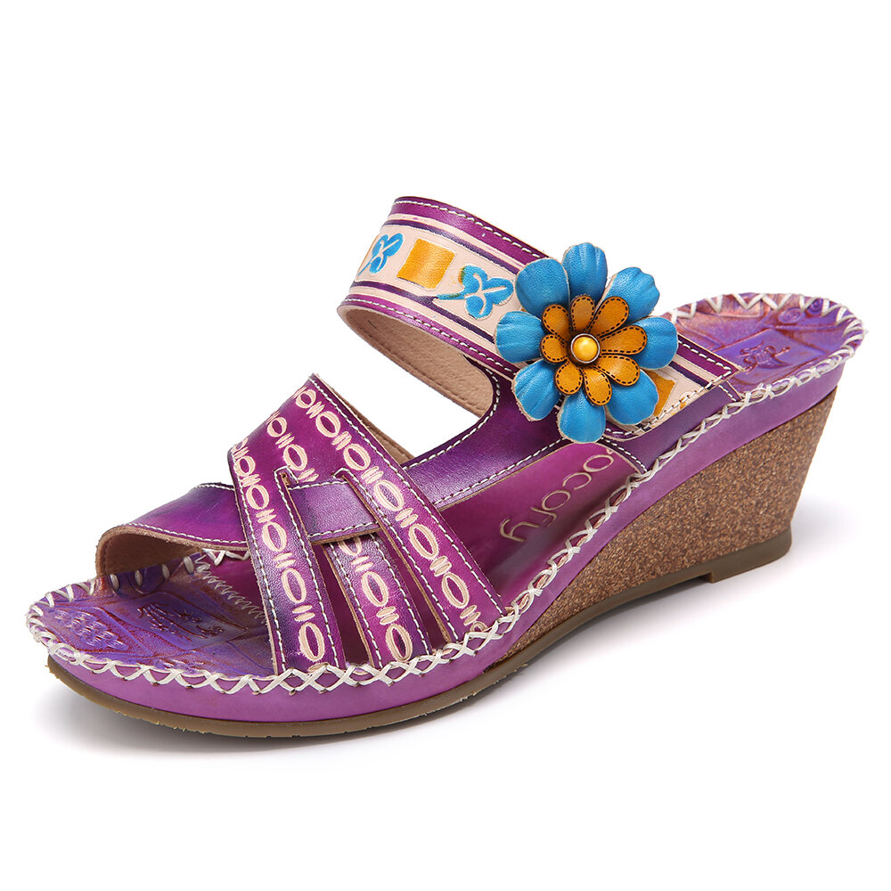 SOCOFY Handmade Leather Floral Adjustable Strappy Slip on Slides Wedge Sandals
