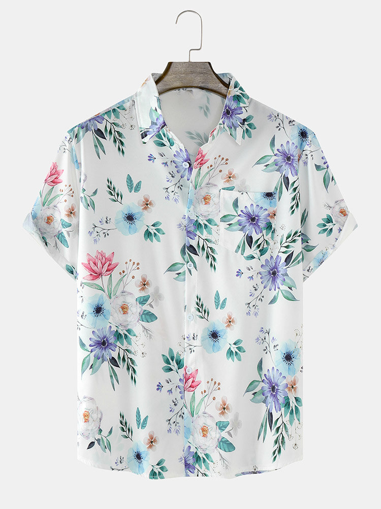 Mens Floral Print Button Up Holiday Short Sleeve Shirts With Pocket