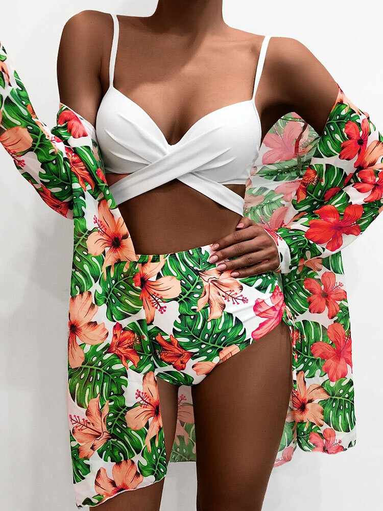 

Women Tropical Plants Print High Waisted Bikinis Swimwear With Cover Up, White;green;red;blue;white1