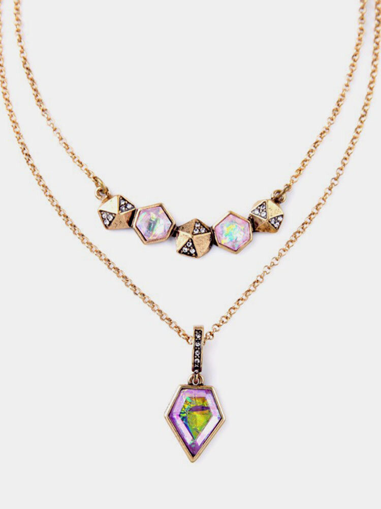 Bohemian Tassel Necklace Retro Geometry Pendant Rhinestone Crystal Necklace