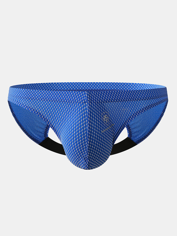 

Men Ice Silk Pure Color Honeycomb Crotchless Briefs Thin Breathable Hip Thongs, White;green;blue;black