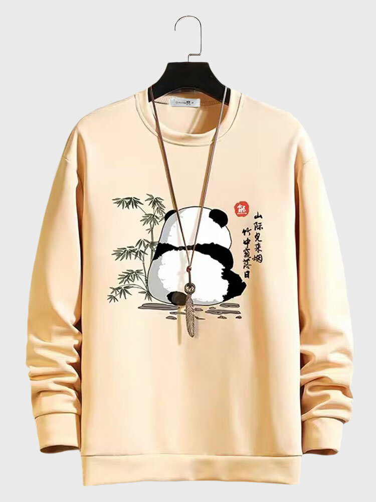 Mens Chinese Style Panda Bamboo Print Pullover Sweatshirts