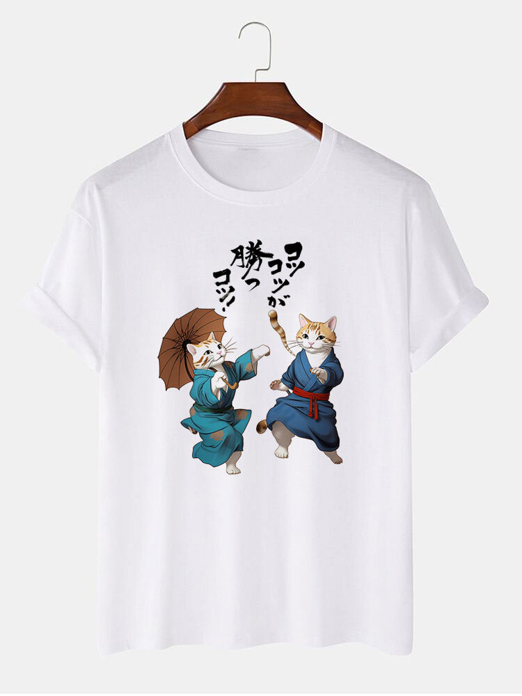 Mens Japanese Cat Print Crew Neck Short Sleeve T-Shirts Winter