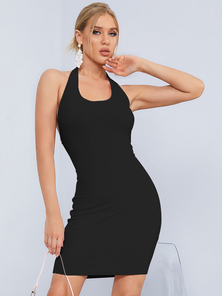 Solid Backless Tie Halter Mini Bodycon Sexy Dress