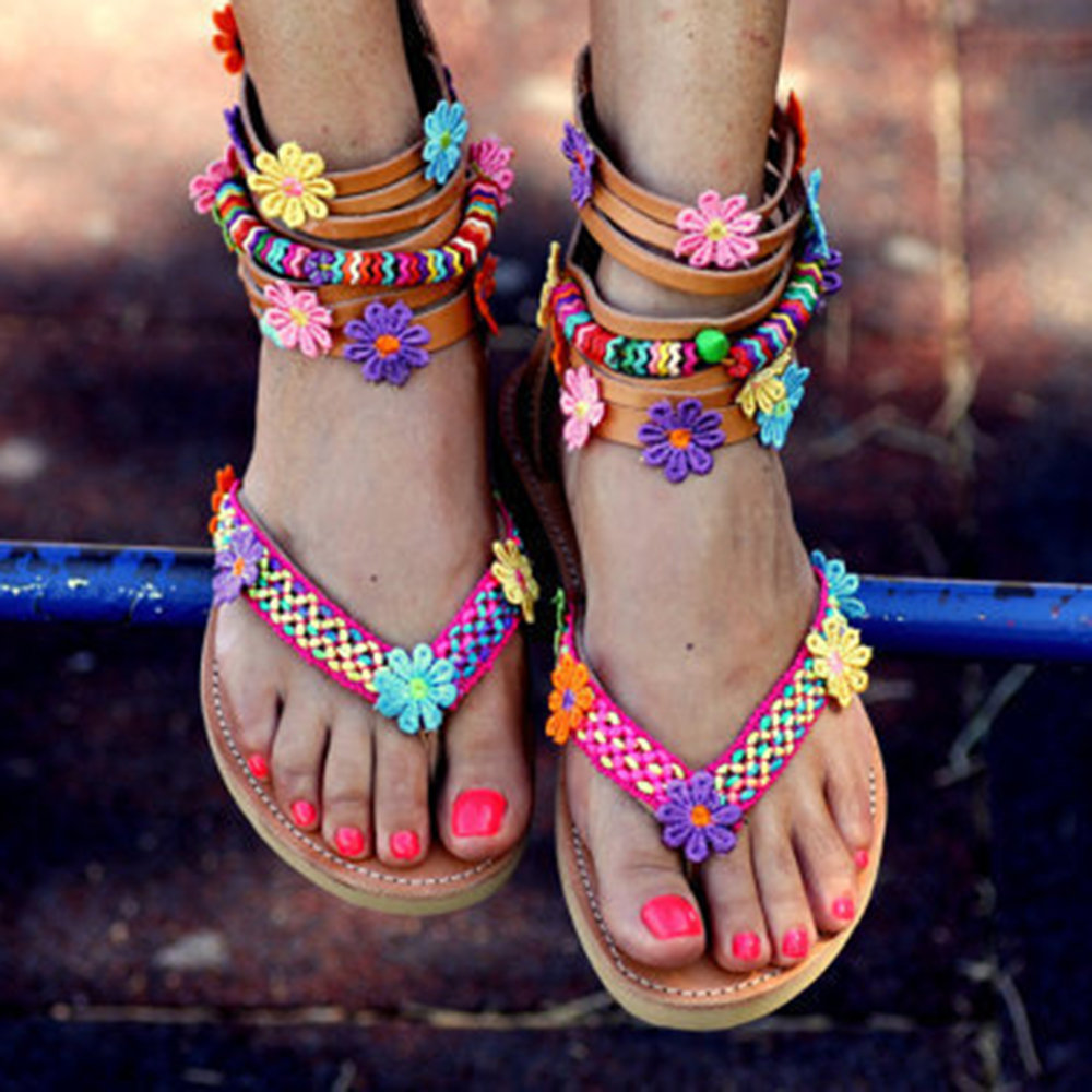 Large Size Women Folkways Colorful Flowers Ankle Zipper Flip Flops Sandals