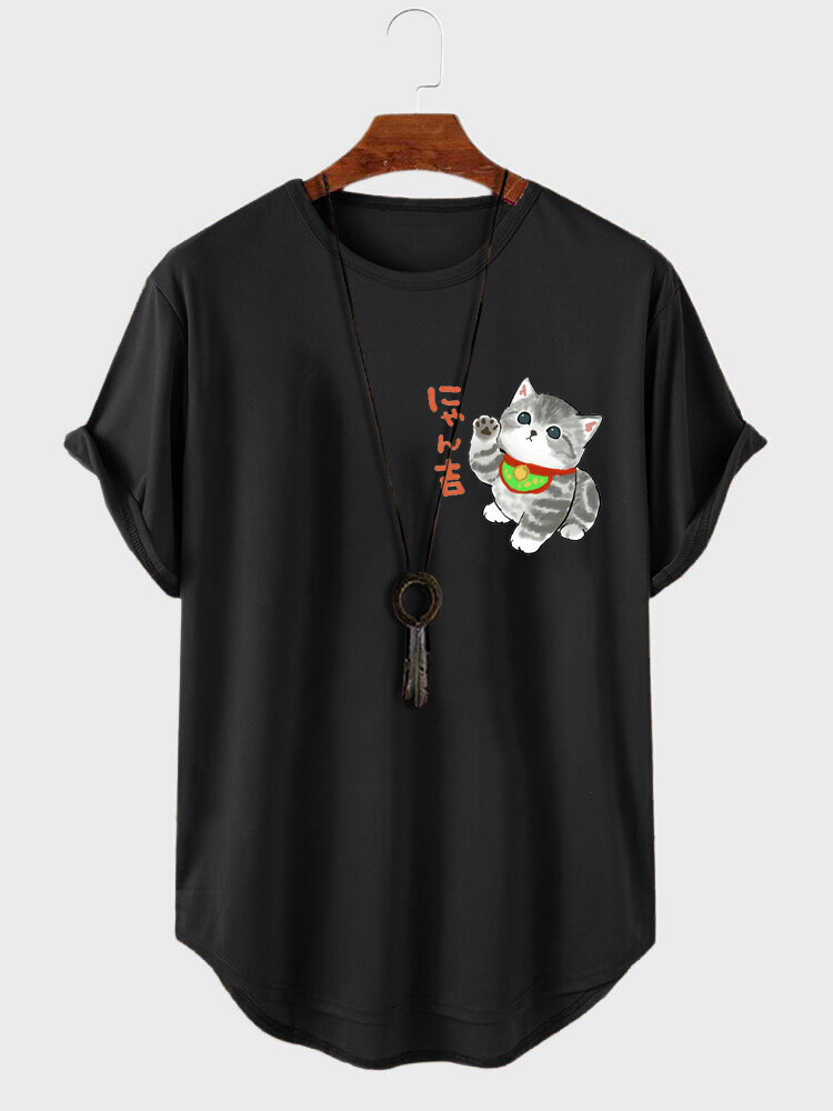 

Mens Cartoon Japanese Cat Print Curved Hem Short Sleeve T-Shirts, Black