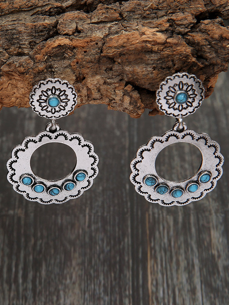 

Vintage Lace Hollow Round-shape Carved Inlaid Turquoise Alloy Earrings, Silver