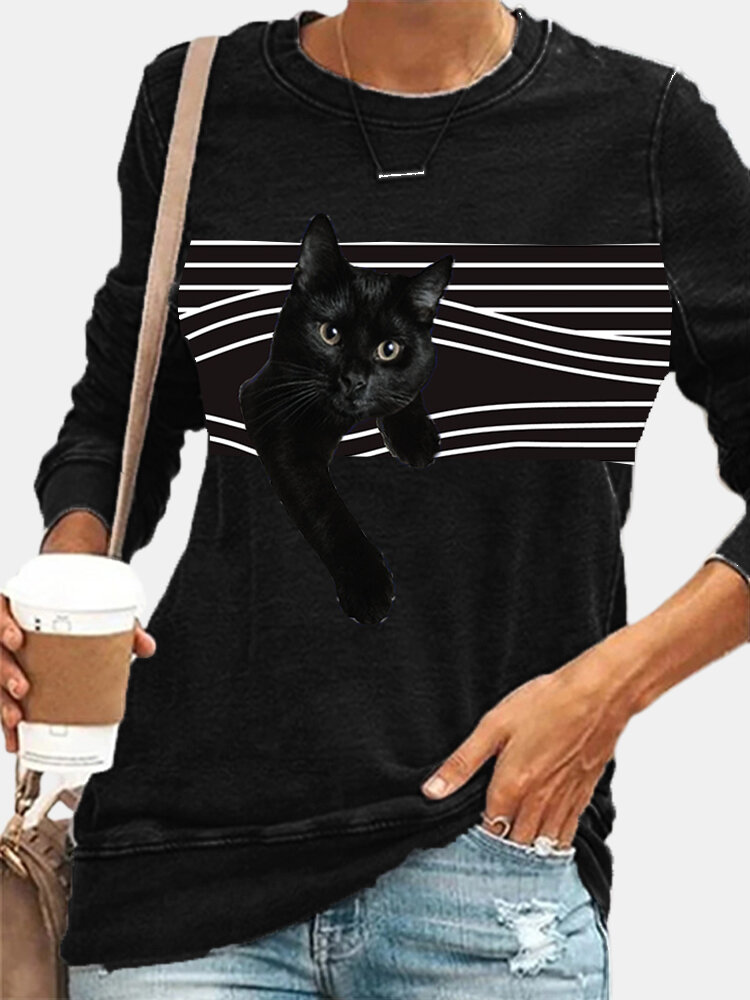 Vintage Cat Print O-neck Long Sleeve Plus Size T-shirt