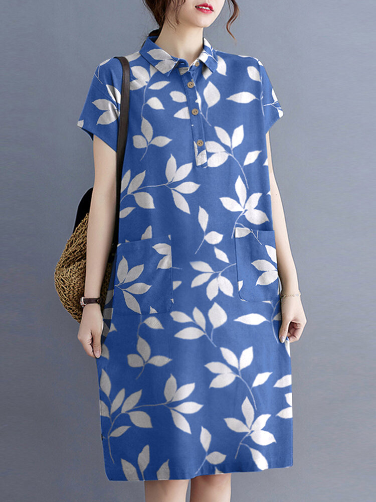 

Allover Leaves Print Short Sleeve Dual Pocket Shirt Dress, Black;white;blue
