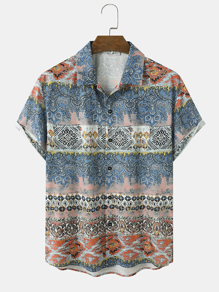 Mens Vintage Ethnic Pattern Button Up Short Sleeve Shirts