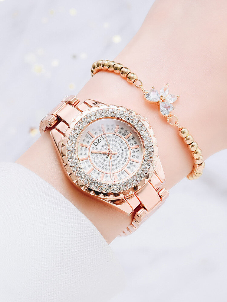 2 Pcs/Set Women Trendy Full Rhinestone Dial Watch Decorated Pointer Quartz Watch Butterfly Pendant Beaded Bracelet