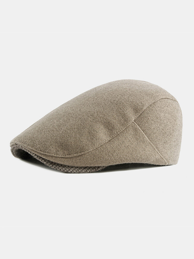 Men Woolen Cloth Solid Color Houndstooth Hat Brim Casual Warmth Beret Flat Cap