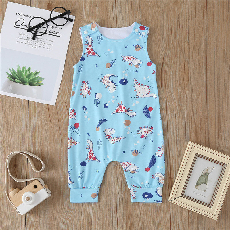 

Baby Cartoon Print Sleeveless O-neck Casual Blue Rompers For 6-24M