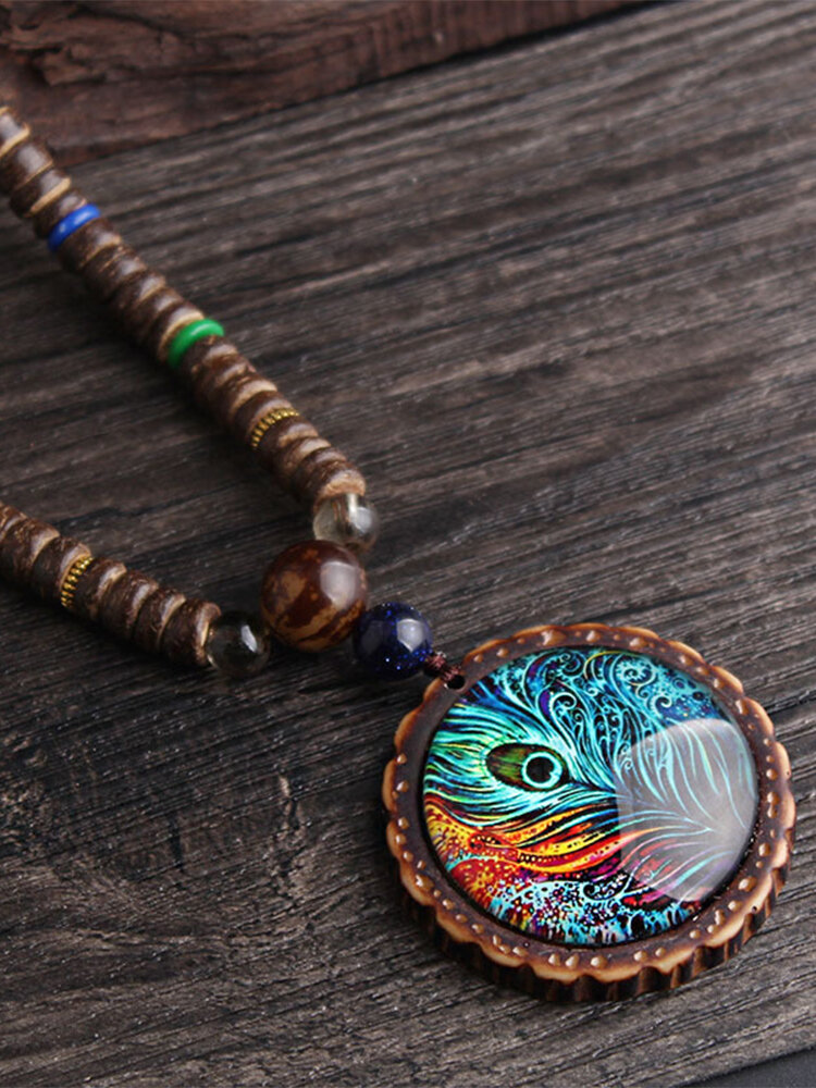 Vintage Bohemian Feather Tower Pattern Round Oval Shape Pendant Wooden Beaded Plastic Resin Necklace