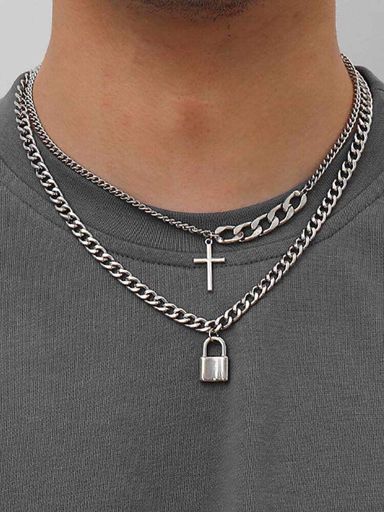 2 Pcs/Set Trendy Minimalist Lock Cross Shape Pendant Chain Alloy Double-layer Necklace