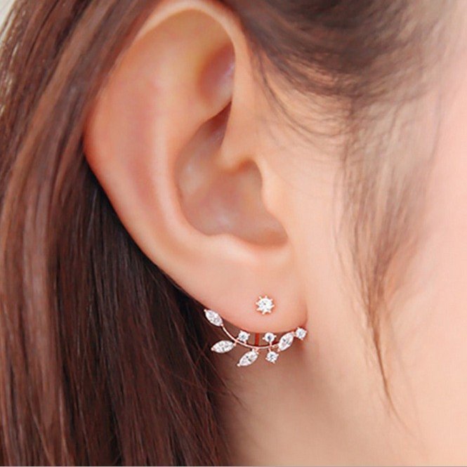 Sterling Silver Rose Gold Leaves Zircon Sweet Flower Crystal Stud Earrings Ear Jackets