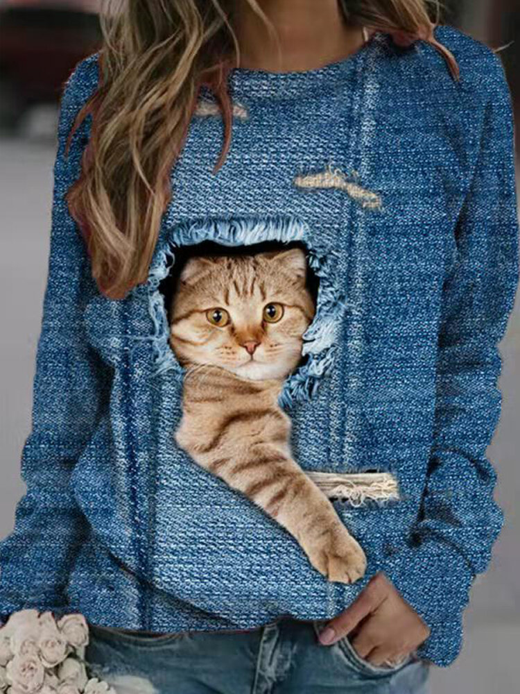 Cute Cat Print Long Sleeves O-neck Casual Sweatshirt For Women