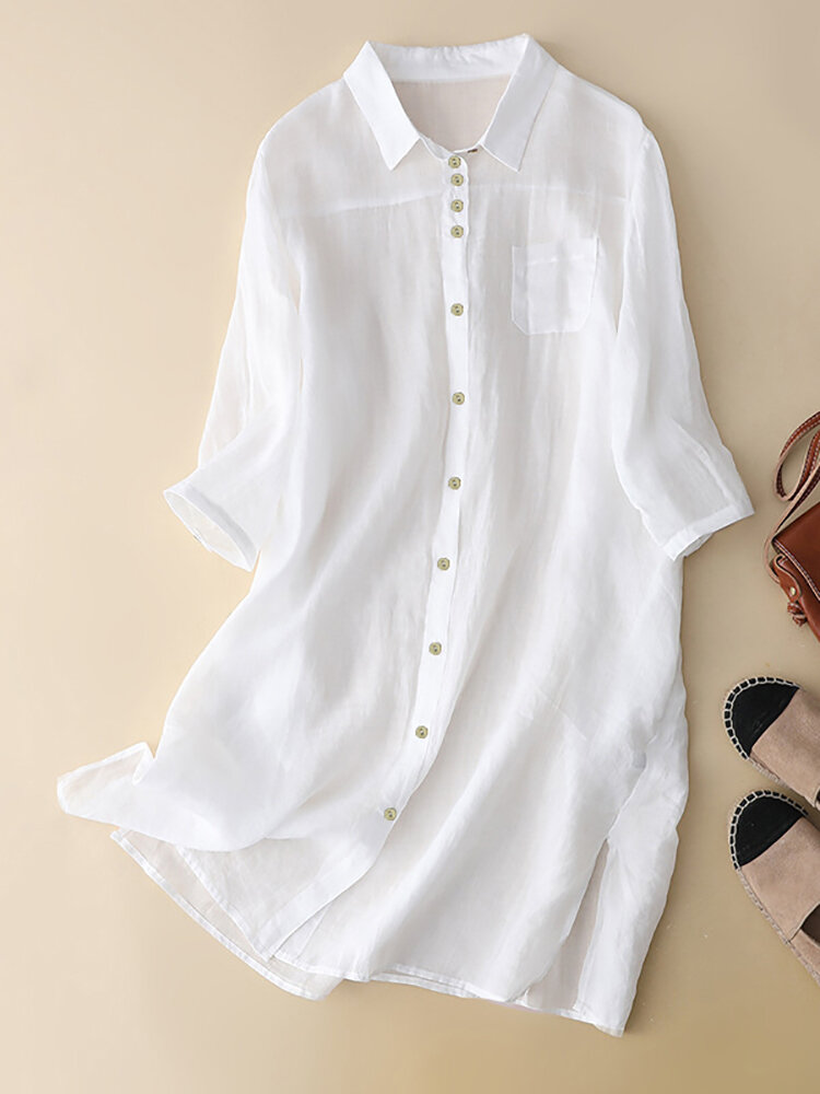 Women Solid Lapel Button Front Cotton Shirt Dress