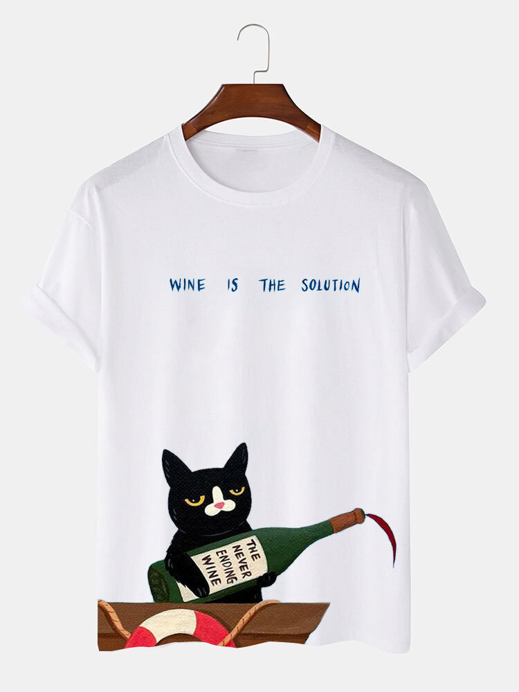 Mens Cartoon Cat Slogan Print Crew Neck Short Sleeve T-Shirts