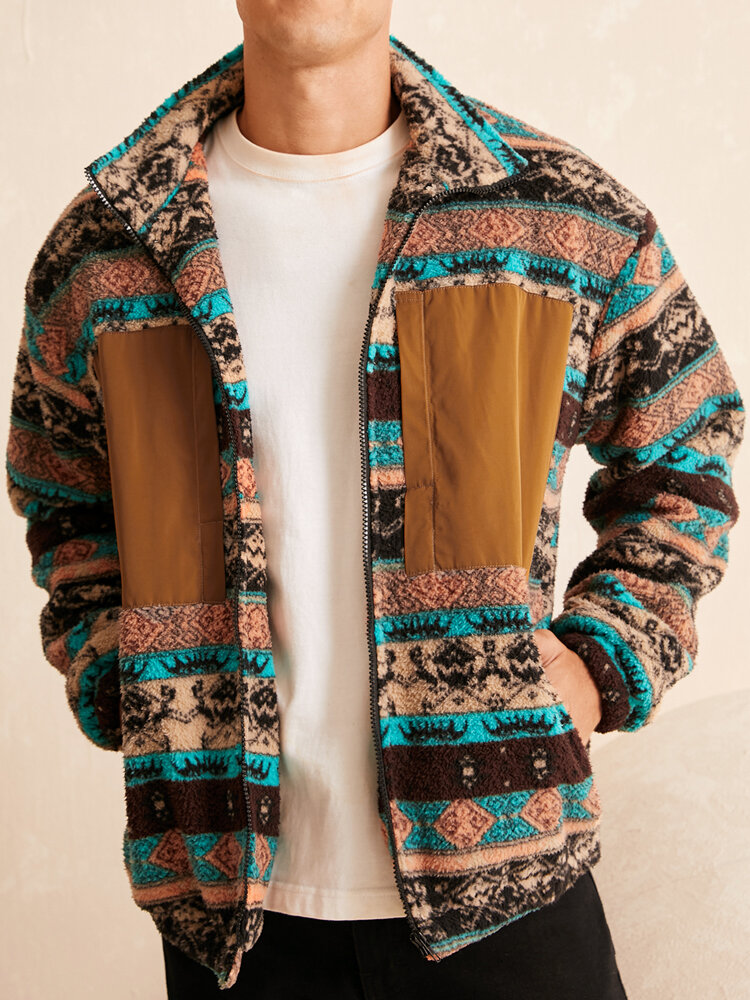Mens Ethnic Tribal Pattern Patched Zip Front Plush Loose Jacket