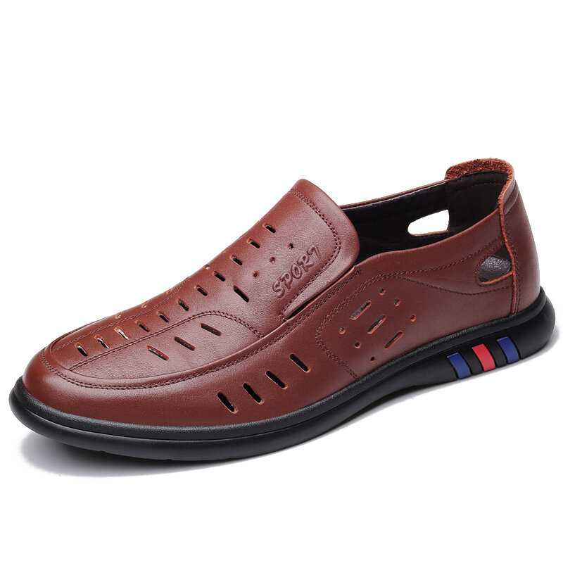 Mens Hole Leather Shoes Slip On Dress Sandals