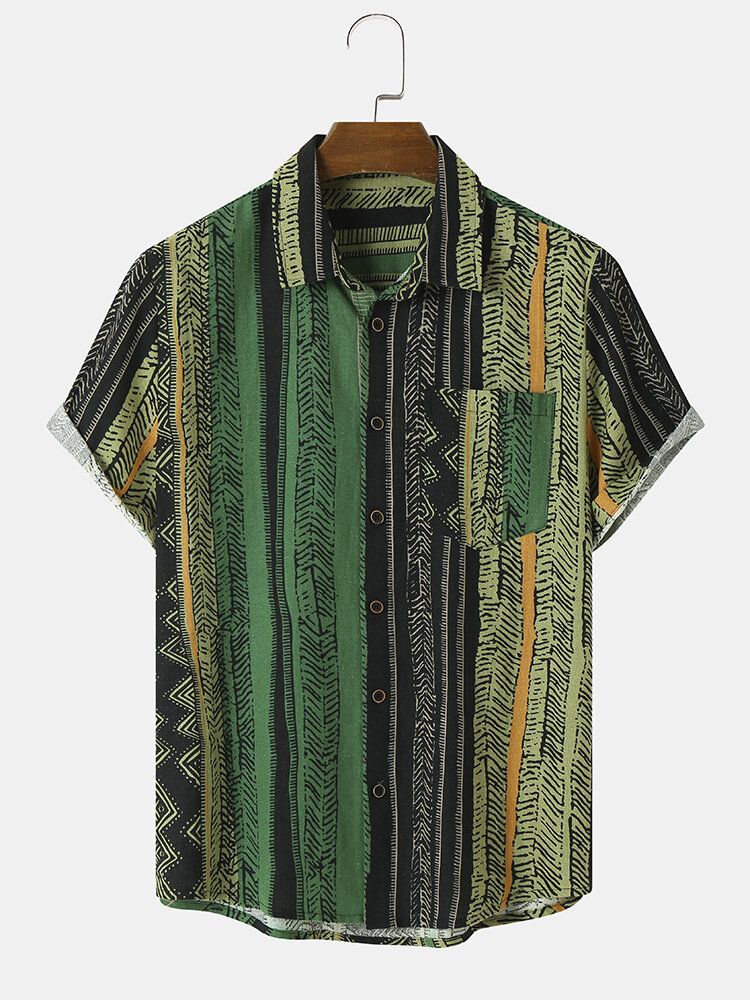 Mens Ethnic Striped Print Cotton Short Sleeve Shirts With Pocket