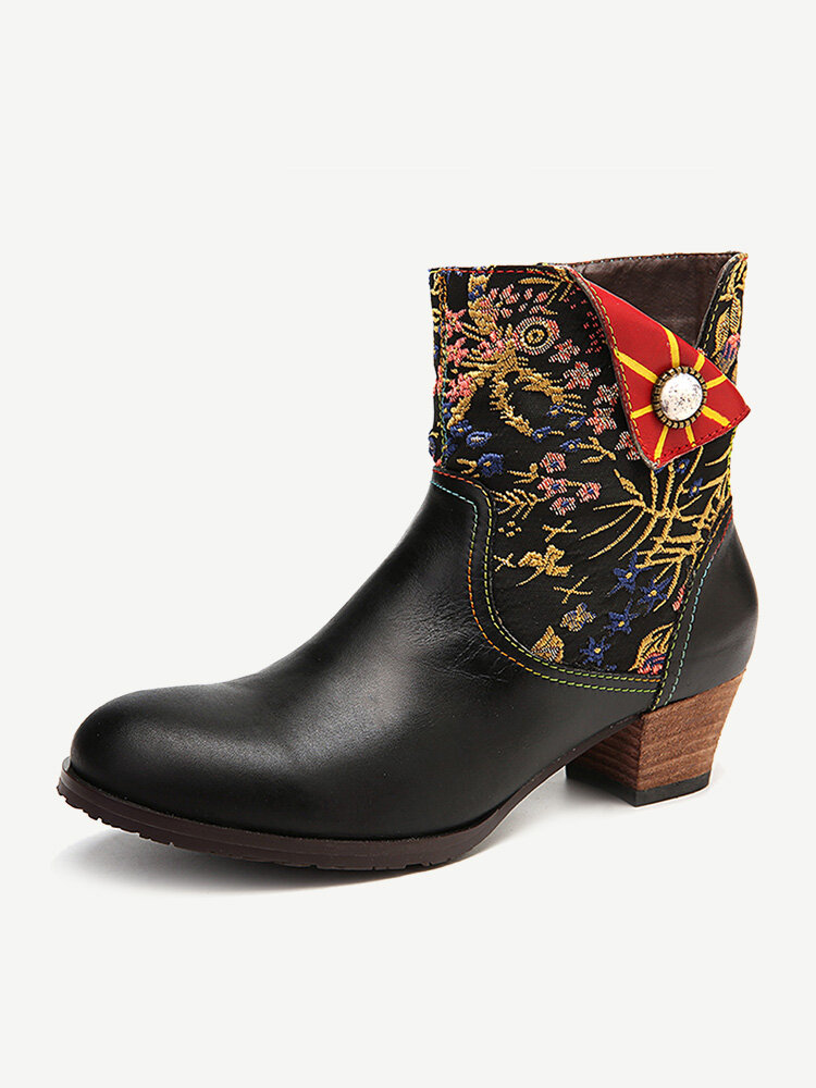 Retro Folkways Flower Pattern Stitching Genuine Leather Comfy Low Heel Boots